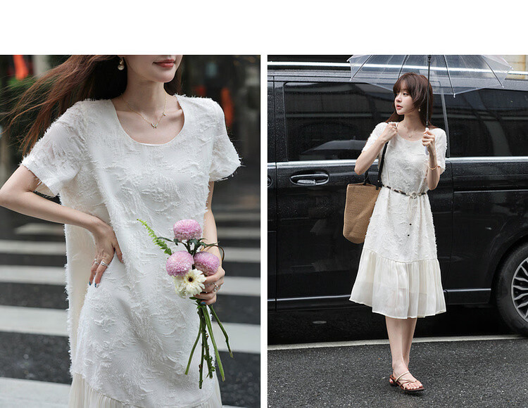 MT French Jacquard Art Summer Elegant U-Neck Patchwork Straight Dress Long Petite Women's Dress 10