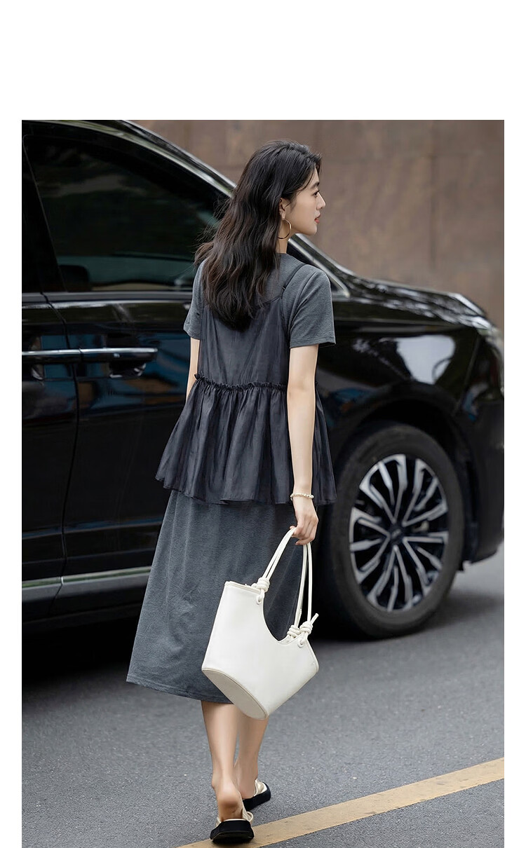 Demana [Cooling Black Technology Sorona] Summer Fake Two-Piece Round Neck A-Line Slim Fit Dress for Women Premium Feel 10