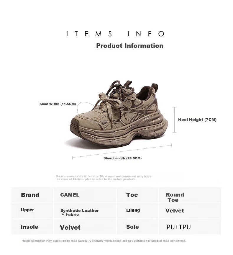 CAMEL Silver Moon Outdoor Retro Dad Shoes Thick Sole Casual Shoes L24A283742A Coffee/Green (Women's) Size 39 35