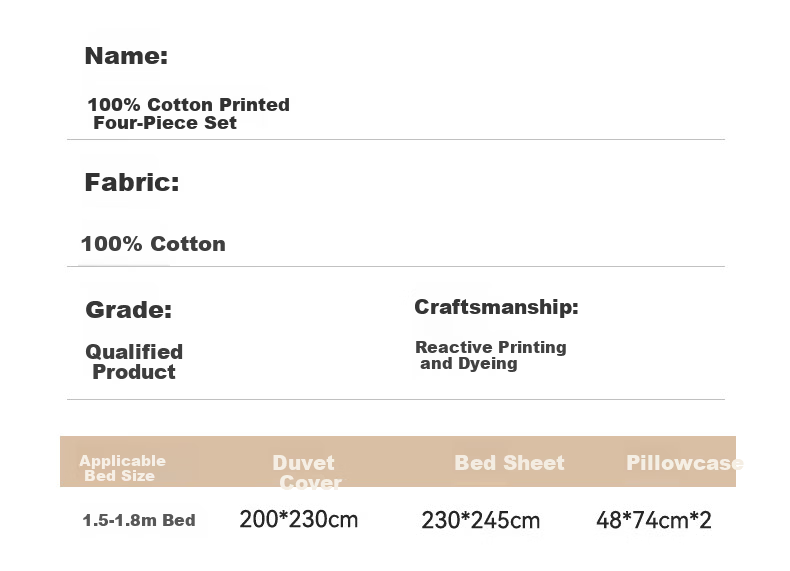 MUJI 100% Cotton 4-Piece Bedding Set for 1.5/1.8m Bed, Pure Cotton Bed Sheet and Duvet Cover 200x230cm 21