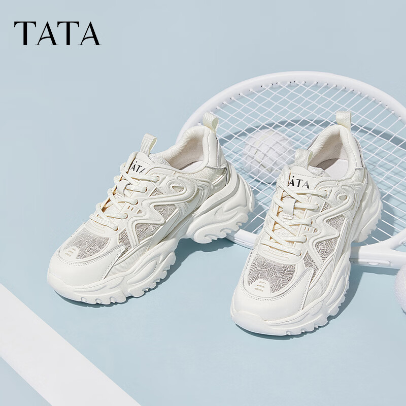 TATA Women's Thick-Soled Dad Sneakers Mesh Breathable White Sports Shoes Lightweight Summer WOG18 AM5 Beige Size 37