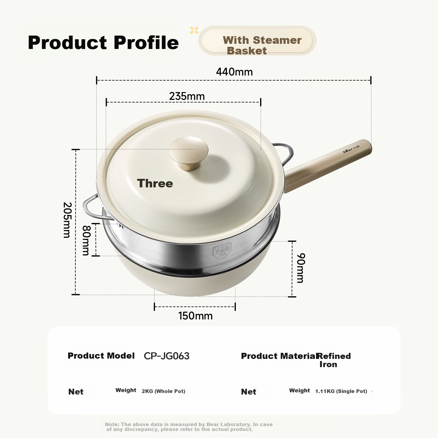 Bear Extreme Iron Small Frying Pan Non-Coated Flat Bottom Stir-Fry Pan 24cm with Steamer Basket Non-Stick Baby Food Pot JG063-P02