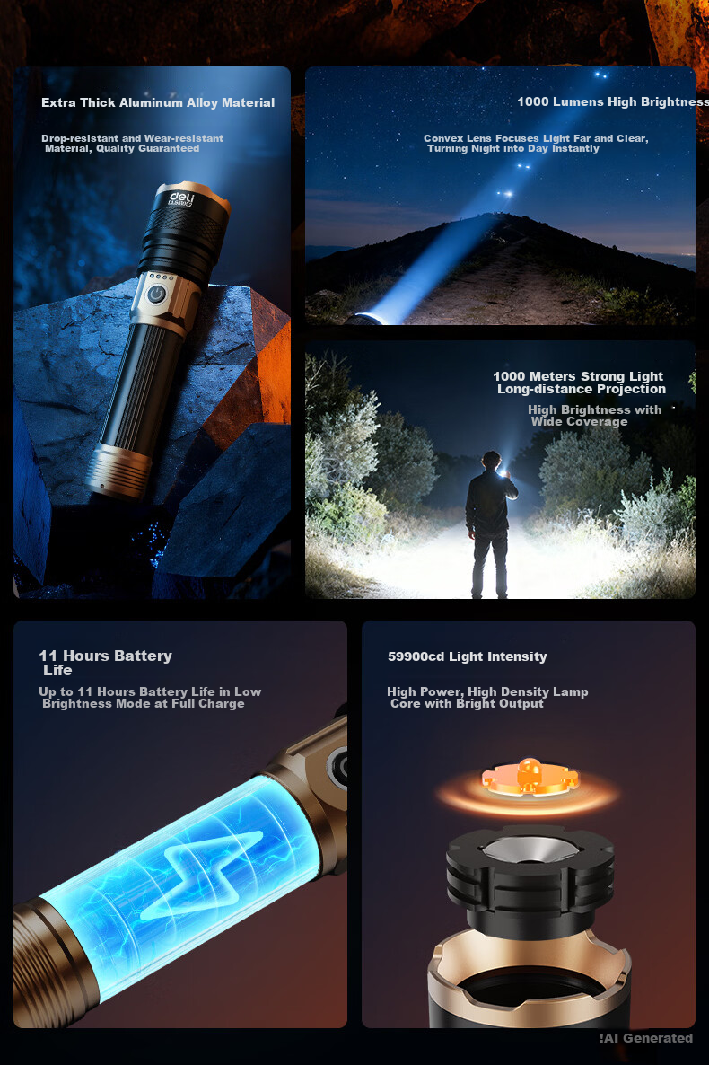 Deli Flashlight High Brightness Zoomable Long-Range Laser Compact Ultra-Long Battery Rechargeable for Home Military Outdoor Survival 2
