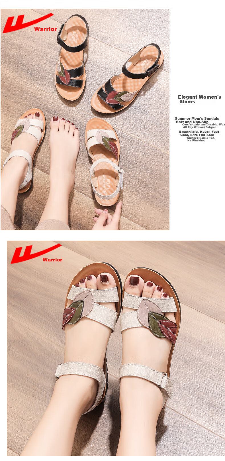 Warrior Mom Sandals Middle-aged and Elderly Women 50-60 Years Old New Summer Non-slip Soft Sole Genuine Leather Grandma Shoes 0679 Black Size 43 6