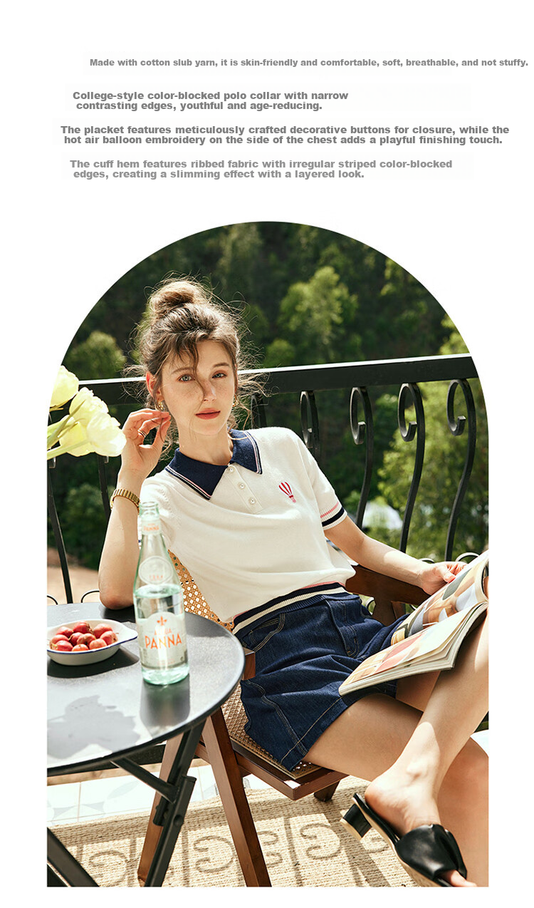 Olrain Eurielle French Style Polo Collar Short Sleeve Knit Top Summer Women's Loose Fit College Style Shirt Off-White L 3
