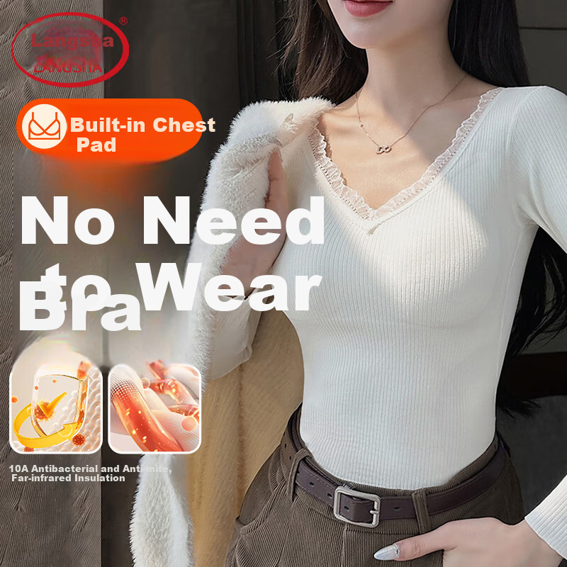 Langsha Women's Thermal Underwear with Chest Pad Autumn Winter Heating Cashmere Silk Seamless 10A Antibacterial Thickened Lace V-Neck Base Shirt