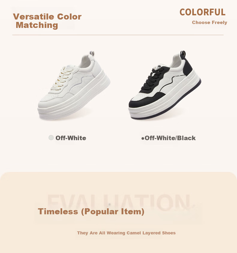 CAMEL Layered Shoes 2nd Generation Women's Versatile Patchwork Sports Casual Thick Sole Sneakers L26S255142 Off-White 38 4