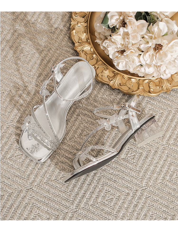 ZHR Women's Summer New French Style Rhinestone Chunky Heel Sandals Butterfly Strap Slip-On Sandals KN328 Silver Size 35 11