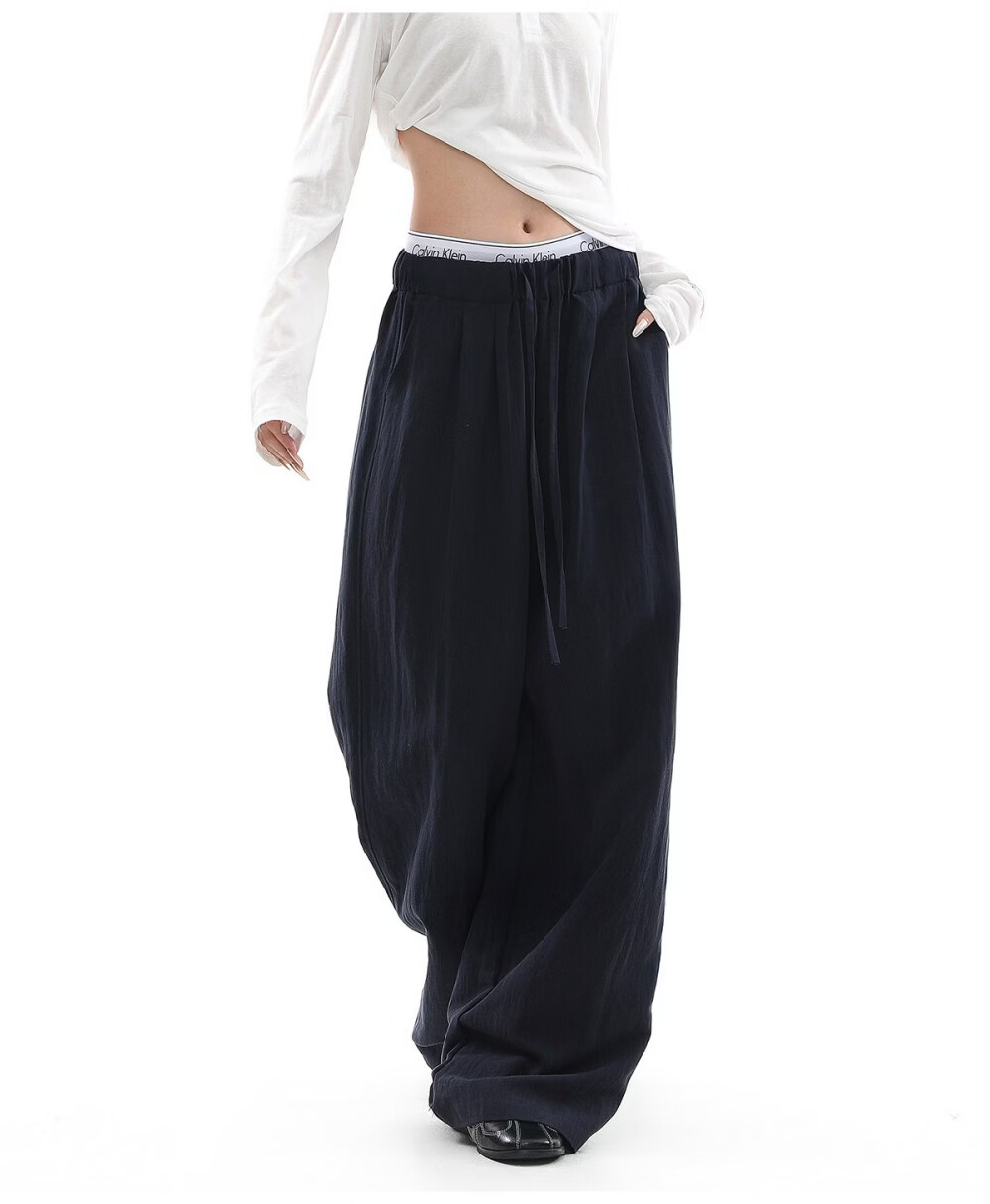 ICH MODE Women's Draped Linen Casual Pants New Loose Straight Wide-Leg Trousers Sports Pants Four Seasons Navy Blue S 13