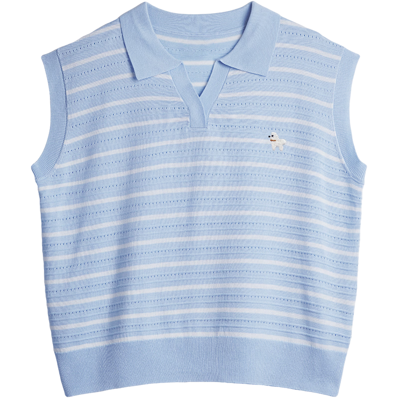 Olrain Summer New Polo Collar Color-Block Embroidered Lightweight Striped Pullover Knitwear for Women Blue Stripes L