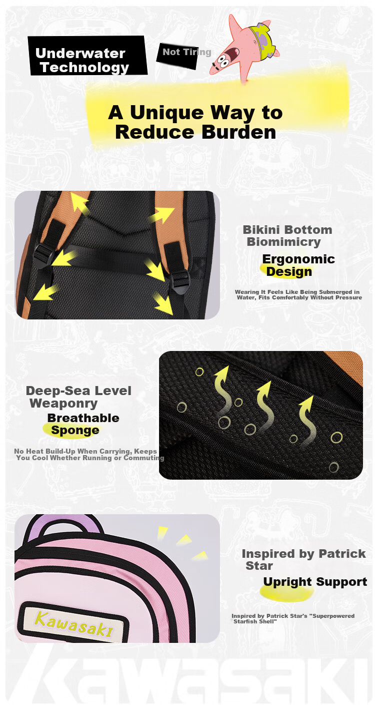 KAWASAKI SpongeBob Collaboration Cartoon Badminton Sports Backpack C8163 SpongeBob Yellow 3