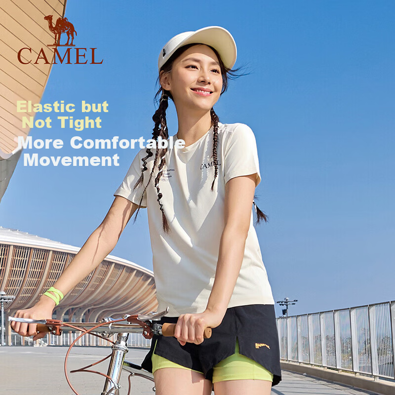 CAMEL Quick-Dry Women's Ice-Feel Sun Protection Crew Neck Short Sleeve Sports T-Shirt C26BARLG053 Light Moon Yellow L