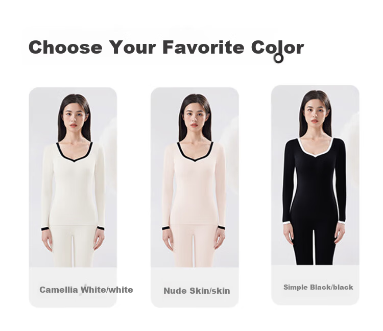 Caiyue Women's Thermal Underwear Set Antibacterial Hyaluronic Acid Heart-Shaped Neck Base Layer Fleece Medium Thickness Seagull Neck Autumn Top and Bottom 7