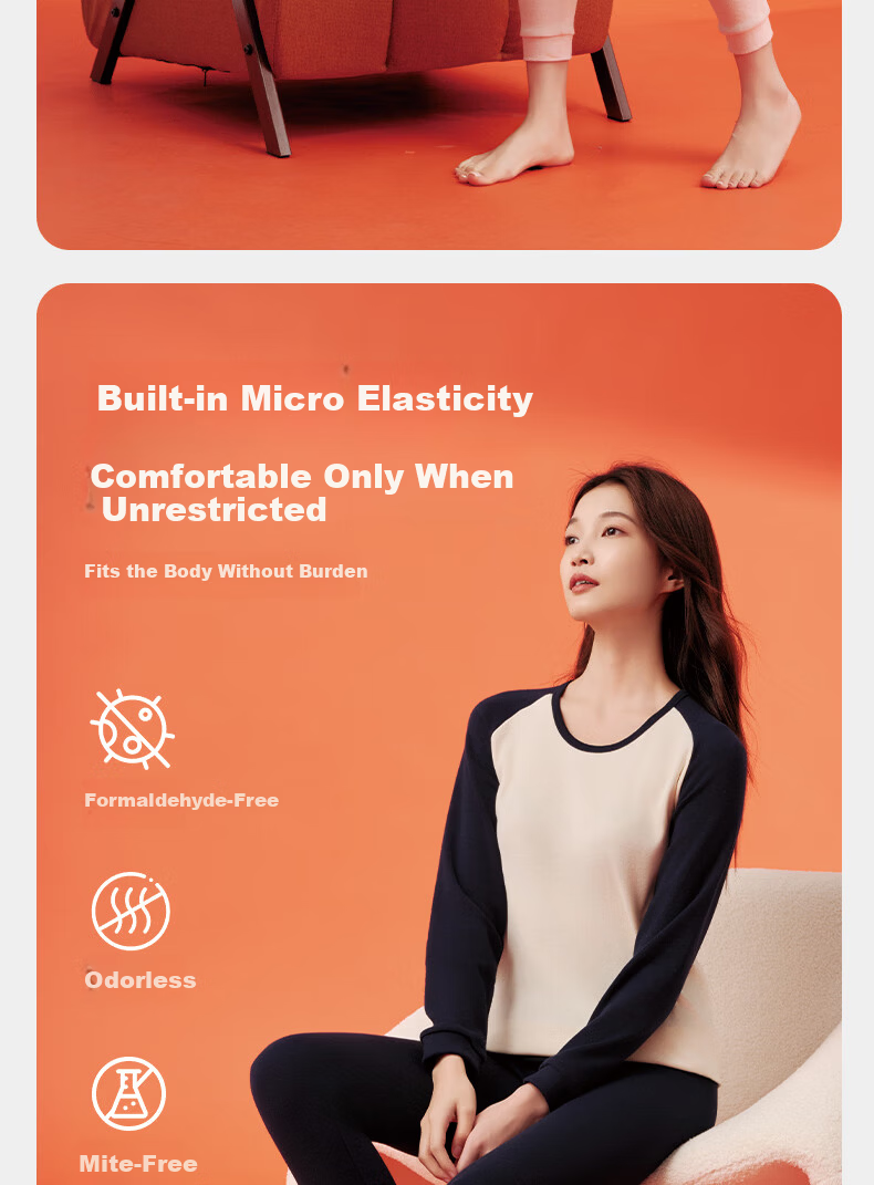 Yiershuang 100% Cotton Thermal Underwear Women Raglan Colorblock Crew Neck Autumn Top and Bottom Set Cotton Sweater Pants 7