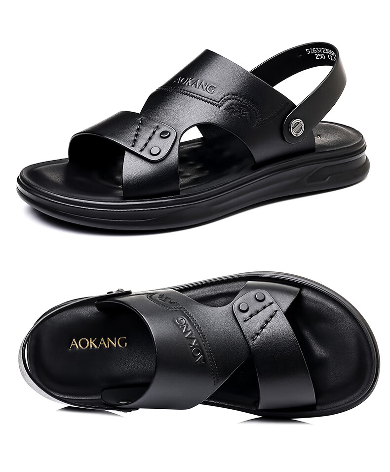 Aokang Men's Summer Casual Beach Leather Sandals Black Size 38 26