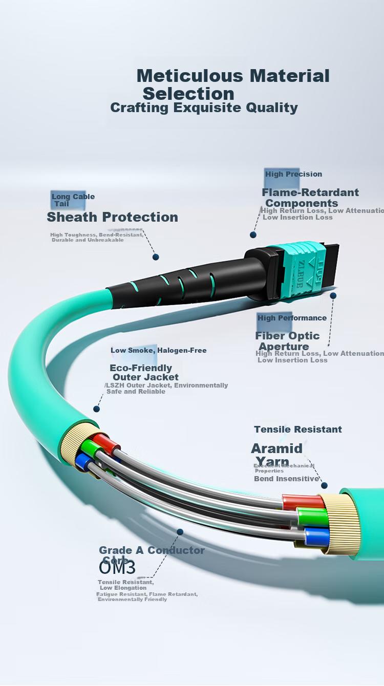 8-Core MPO-MPO Fiber Optic Patch Cord Female B Polarity Compatible MTP OM3 Multimode 10G/40G/100G Optical Module Bundle Fiber Cable 20m Q3-PP820 4