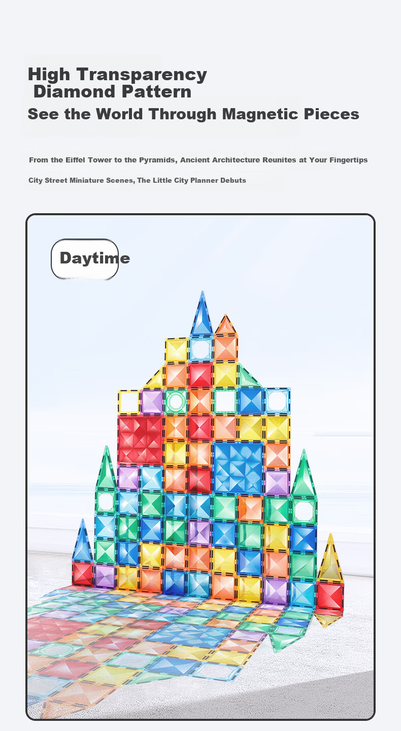 MAGPLAYER Children's Toy Colorful Window Magnetic Tiles, Magnetic Building Blocks for Boys Aged 3-6, Birthday Gift, 100 Pieces with 2 Small Cars 9