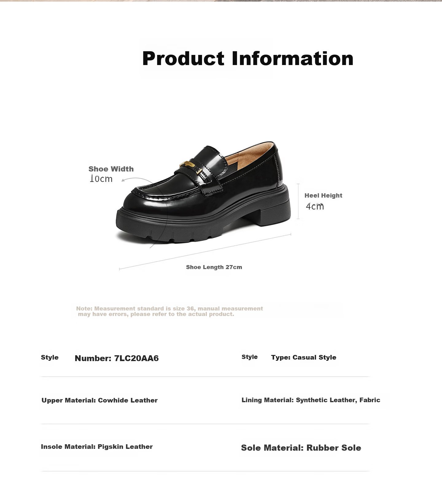 TATA Lu Yuxiao's Magic Detective Thick-Soled Loafers, British Style Genuine Leather Shoes, Black, Size 38 21