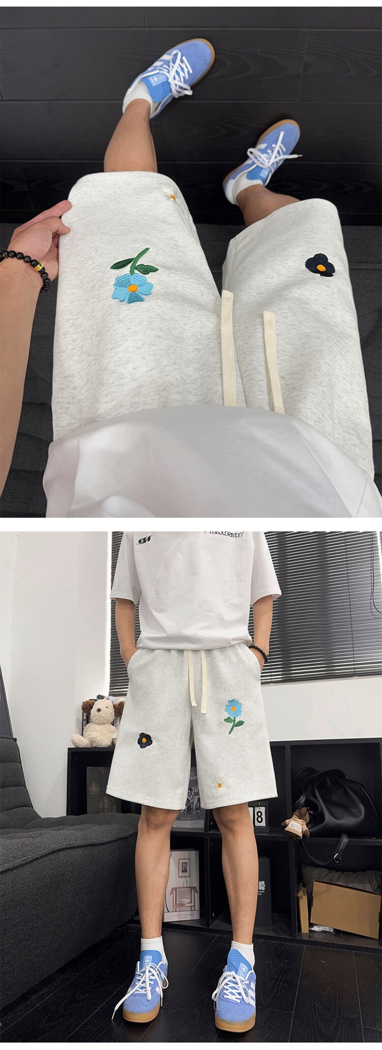 Dingfengbaoluo Cotton Feel Casual Sports Shorts Men Summer Loose Floral Embroidery Simple Five-Point Pants SJ44 White Flower Gray M 7