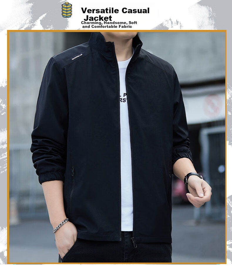 Romon Men's Jacket Spring Versatile Comfortable Business Casual Stand Collar Executive Coat Black 3XL Model 2366 2