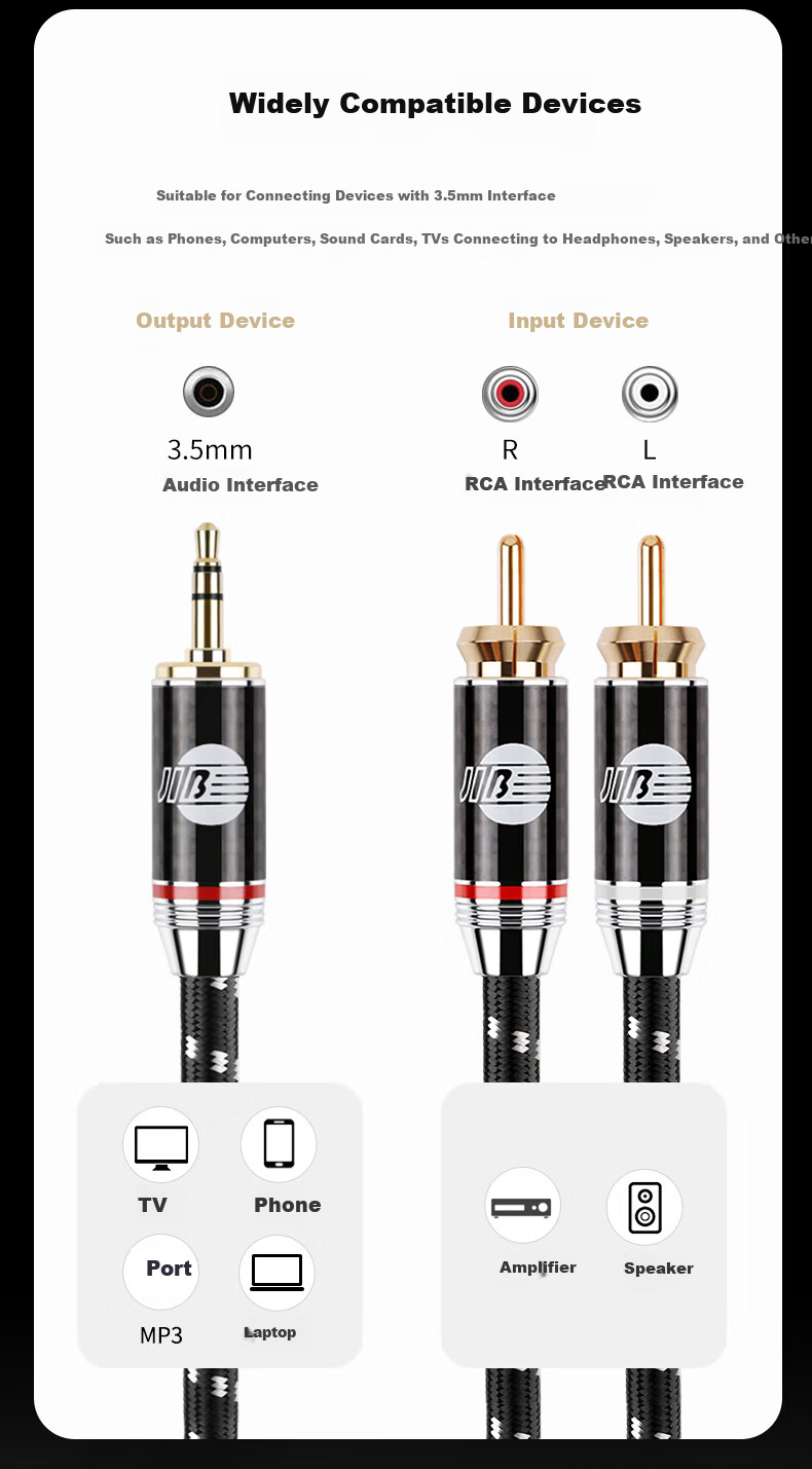 JIB Flagship 3.5mm to Dual RCA Audio Cable Splitter 2RCA Adapter Cable for Phone Computer Player to Amplifier Active Speaker Cable BEB-2007 1m 3