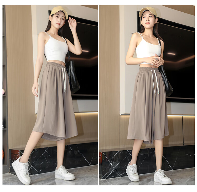 La Chapelle Women's Summer Thin High-Waist Slim Loose Draped Cropped Wide-Leg Skirt Pants Green XL 20