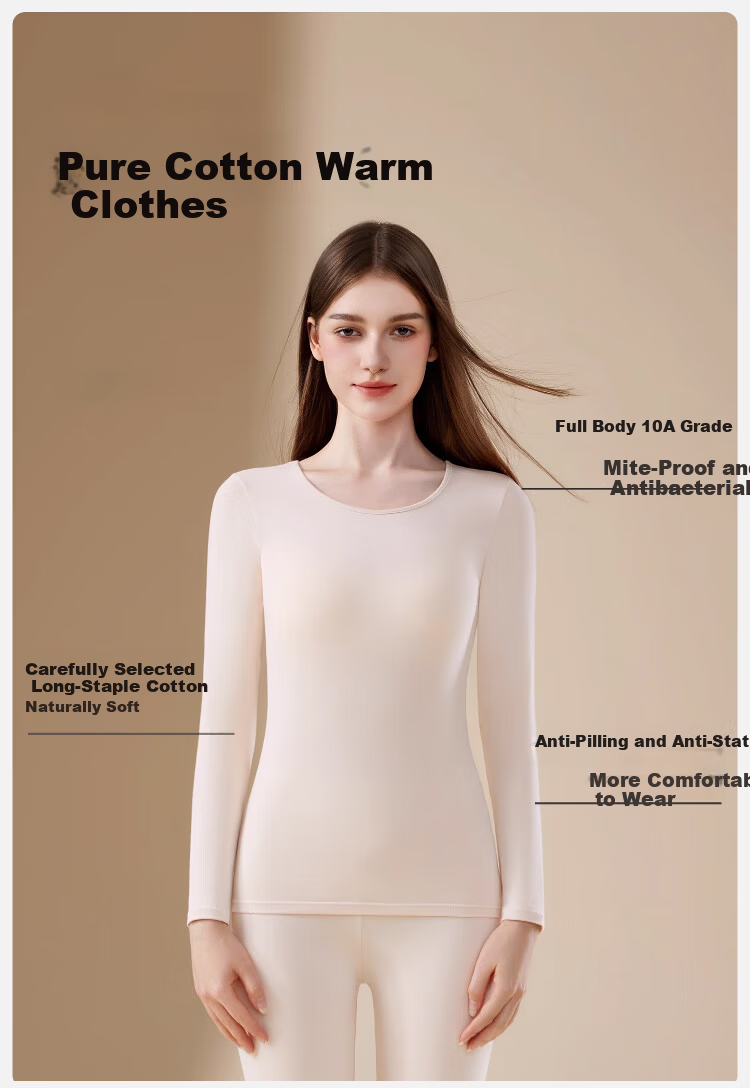 Caiyue Women's Cotton Thermal Underwear Set 10A Antibacterial Thin Round Neck Warm Elastic Comfortable Base Layer 2