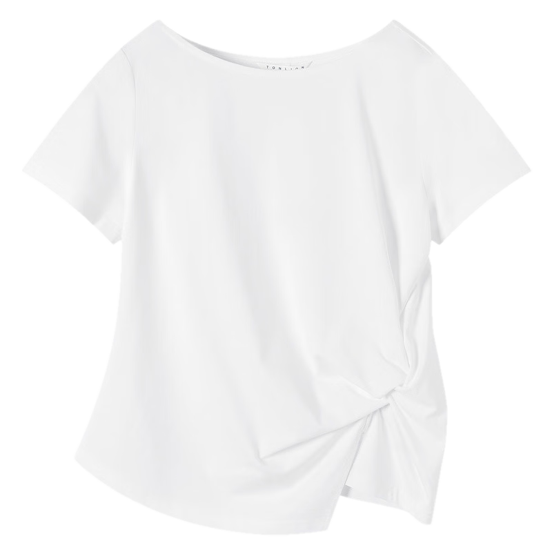 TonLion 2026 Summer New Women's Short Sleeve T-Shirt Pleated Solid Slim Fit Versatile High-End Fashion Tee