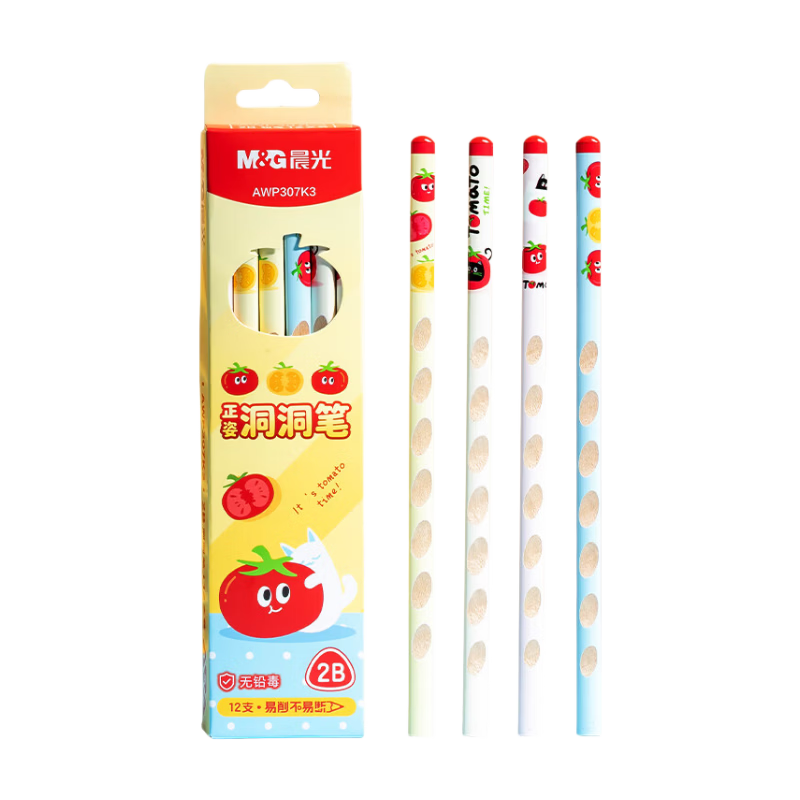 M&G Stationery, 2B Perforated Pencils, 12 Pieces, Tomato Cat Design, for Primary School Students, Specialized for Marking Cards, Exam-Specific, Children's School Supplies, Transition from Preschool to Elementary, Back-To Practice Writing, Triangular Wooden Shaft with Top Cap, AWP307K3