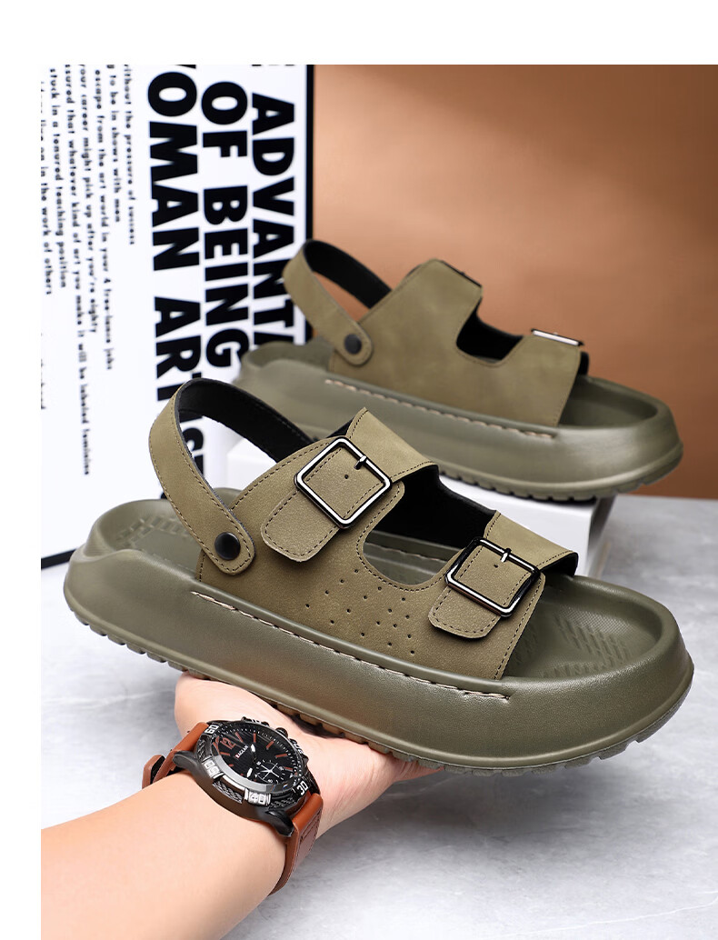 MEXICAN Spring Summer New Men's Leather Sandals Beach Shoes Dual-Wear Slippers Breathable Black Size 39 18