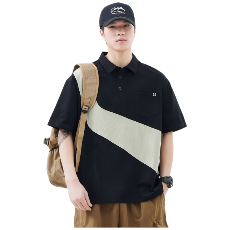 Fingercroxx IT American Style Patchwork Short Sleeve Polo Shirt Men Summer Loose Fit Casual Collared Top Black XL