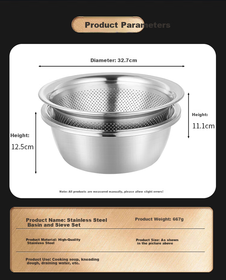 Baijie Stainless Steel Draining Basket Vegetable Washing Basin Rice Washing Basket Kitchen Fruit Basin Large 32cm Set 8