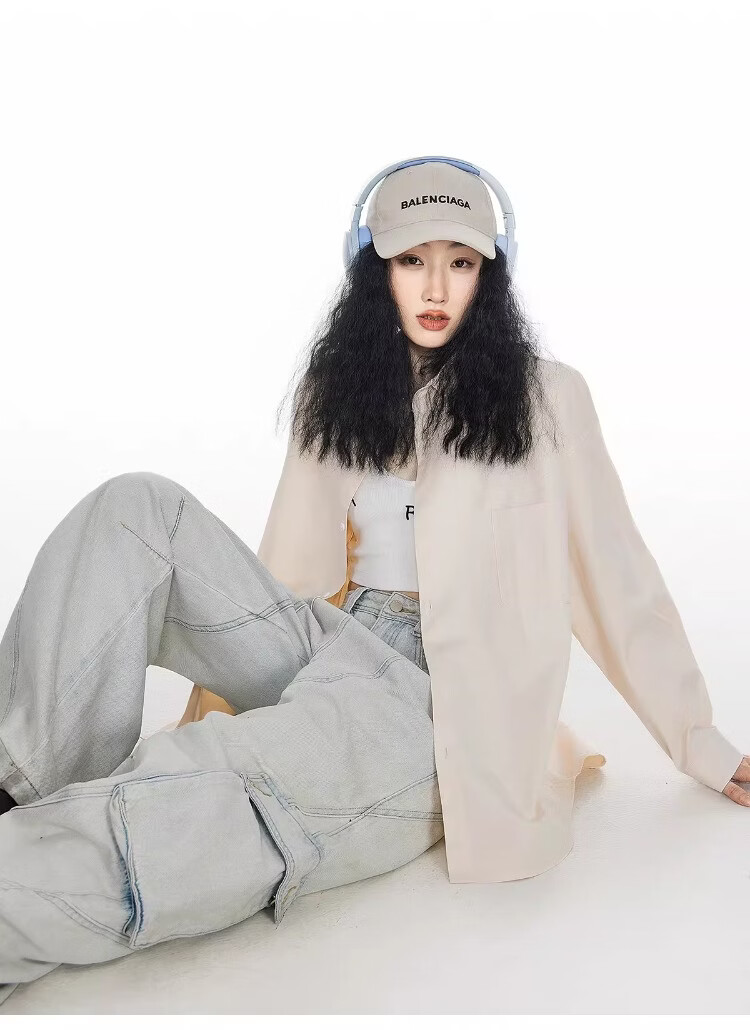ICH MODE Blue Long Sleeve Women's Shirt Summer Loose Casual Blouse Versatile Trendy Top Jacket Blue S 37