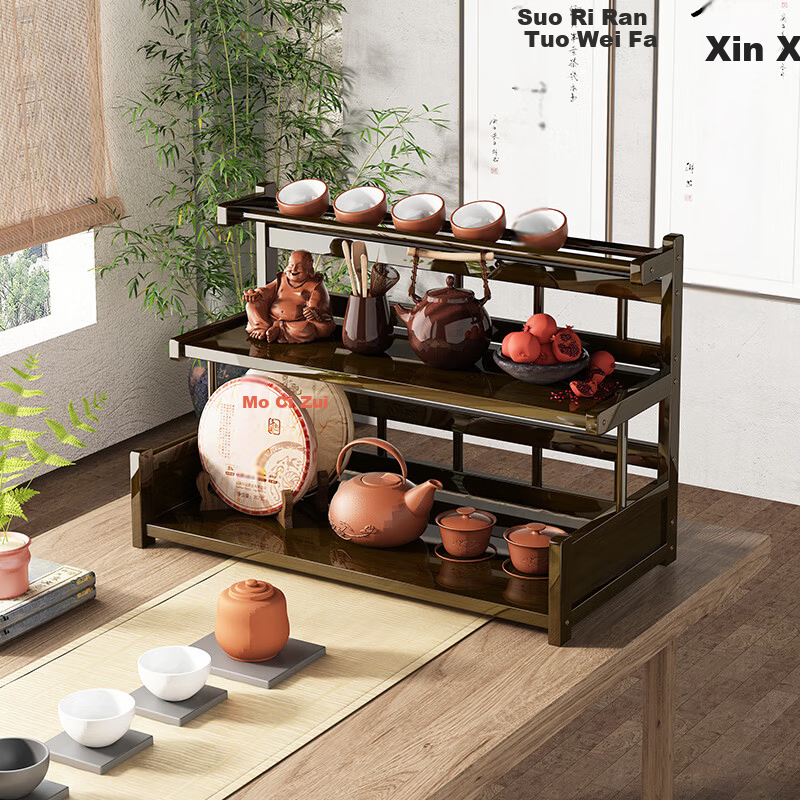 Wo Jia Tea Set Storage Rack Desktop Small Antique Display Shelf Tea Table Tea Cabinet Tea Rack Tea Leaf and Tea Cup Holder Organizer