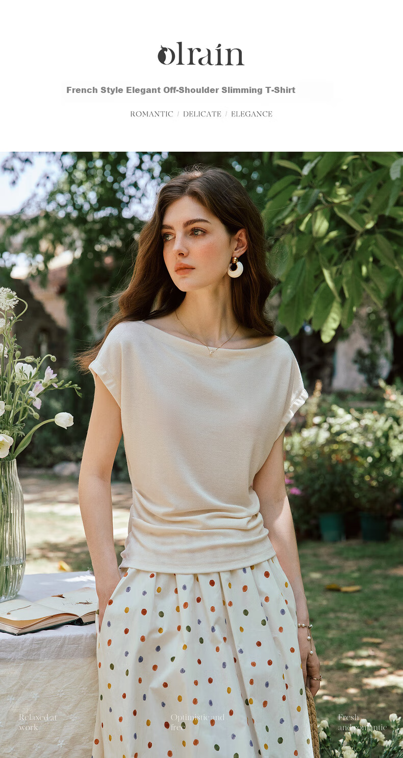 Olrain European Style Elegant Off-Shoulder Slim Fit T-Shirt Women Summer Slimming Youthful Top Apricot XL 1