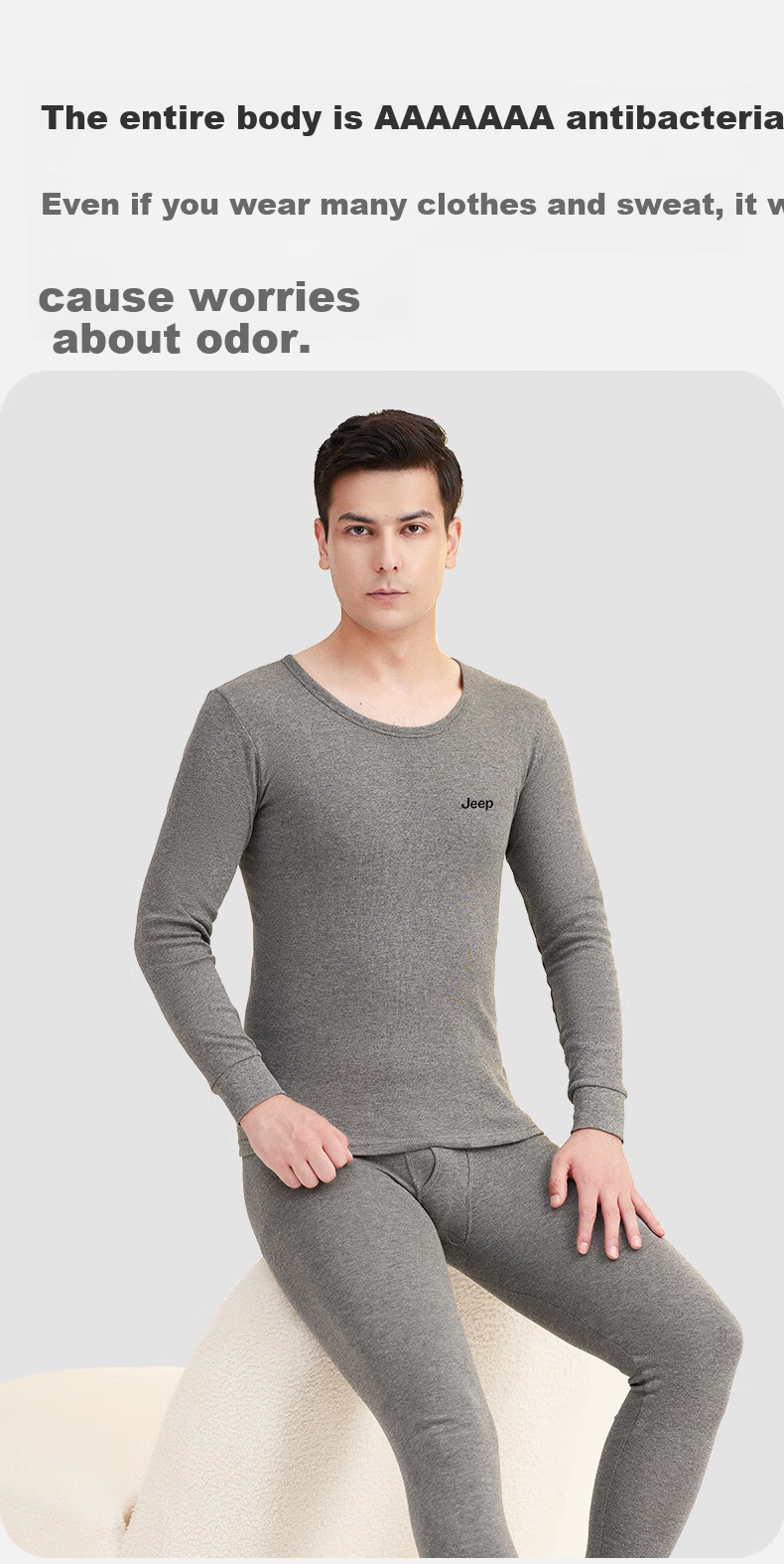 JEEP Men's Thermal Underwear Set [Pure Cotton + 7A Antibacterial] Autumn Long Johns Cold-Resistant Antibacterial Mite-Resistant Lightweight Set 8