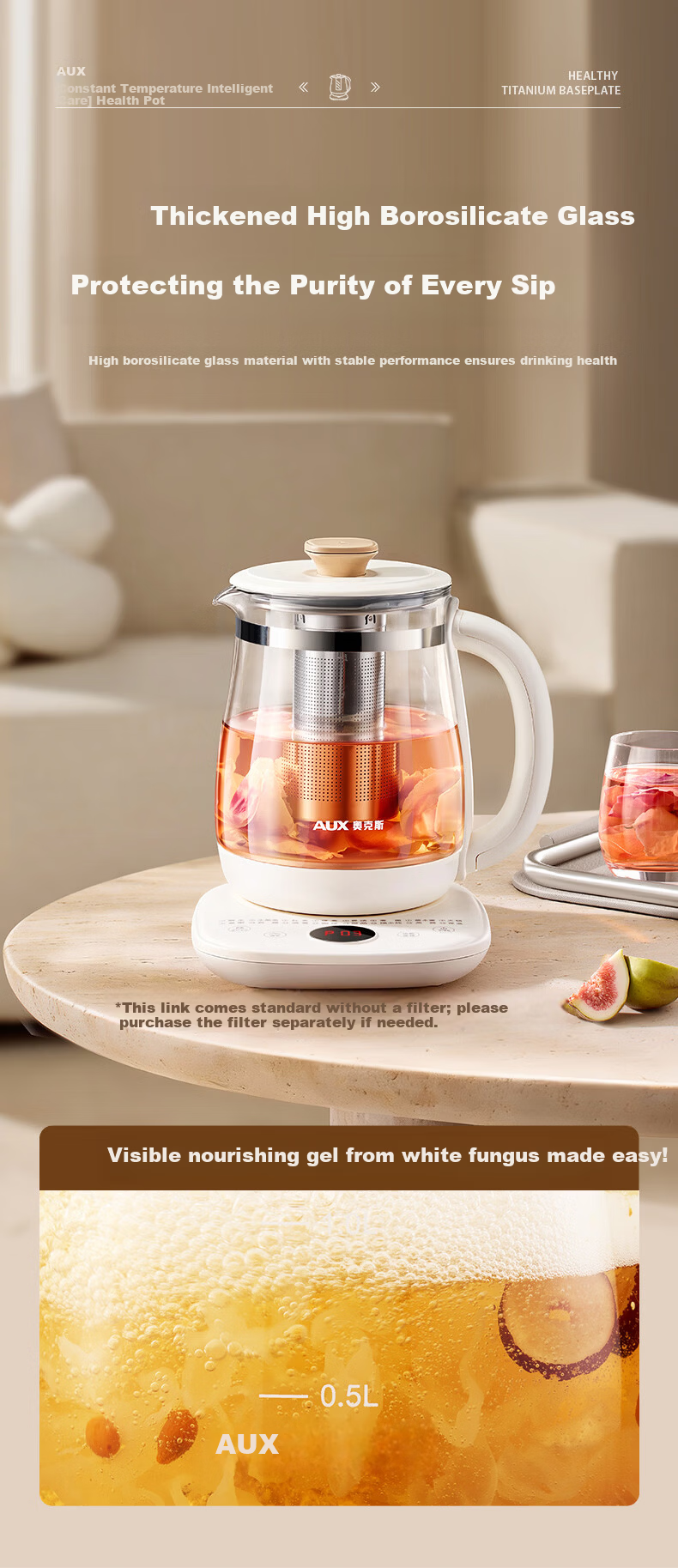 AUX 1.5L Automatic Health Pot Electric Tea Kettle 24H Reservation Multi-Function Smart Temperature Control Flower Tea Maker with 316 Base 5
