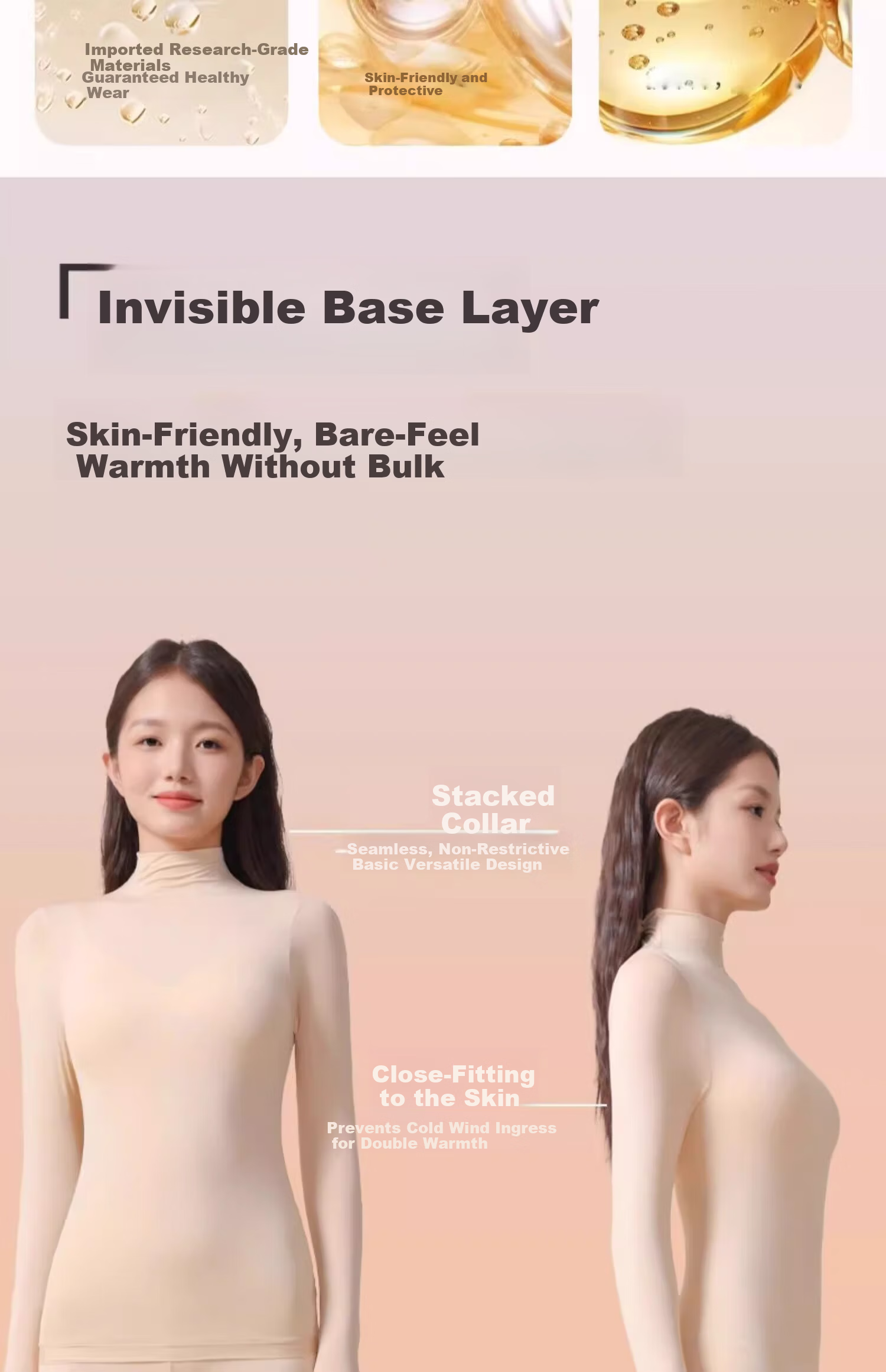 BOPRUIEY Hyaluronic Acid Thermal Underwear Women's Semi-High Neck Base Layer High Elastic Slim Seamless Moisturizing Skin Care Set 5
