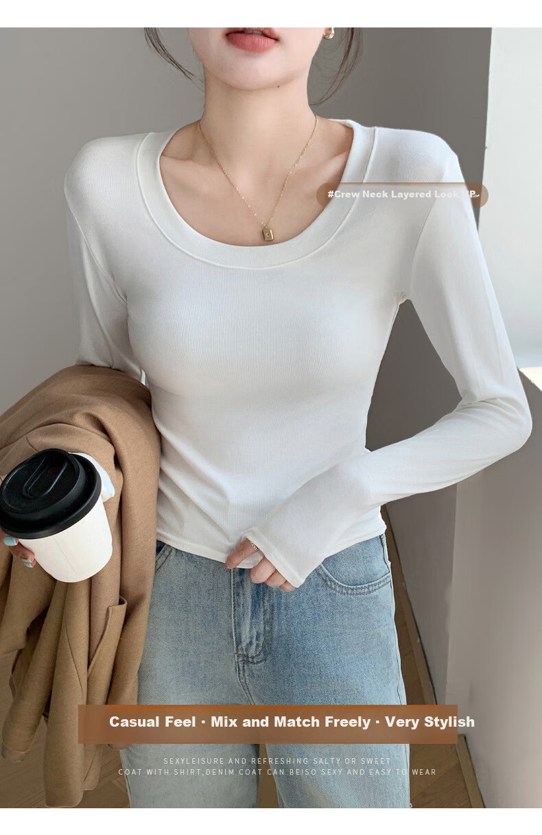 Langsha Women's Round Neck Base Shirt Spring New 2026 Slim Fit Solid Color Long Sleeve T-Shirt Top 4