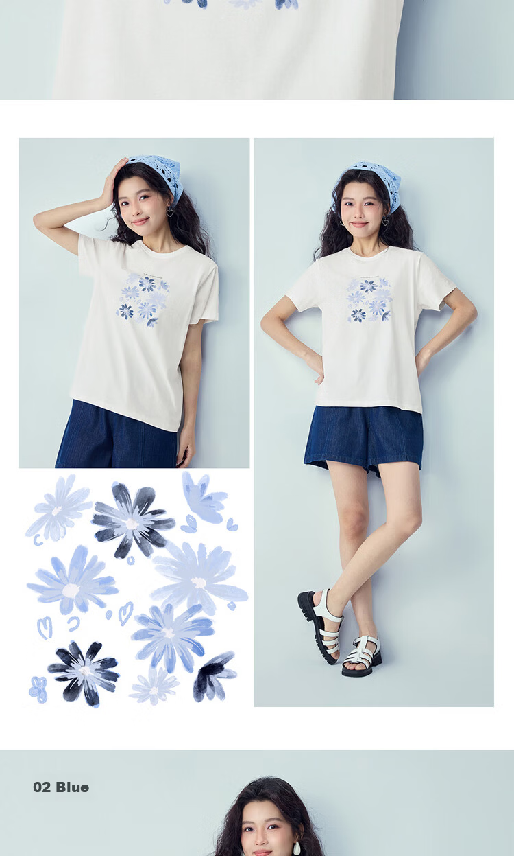 Giordano Women's Short Sleeve T-Shirt New Pure Cotton Romantic Floral Print Crew Neck Casual Top 05396386 17