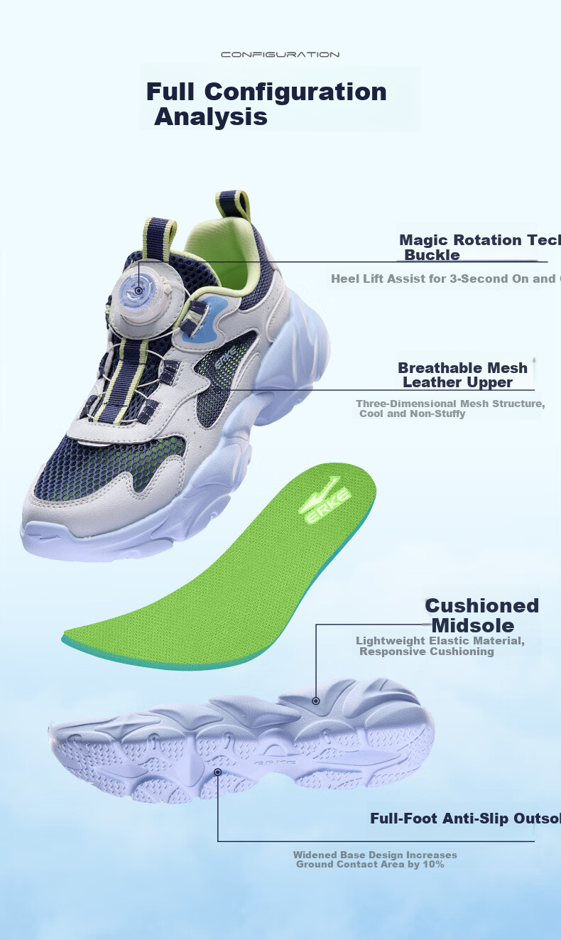 ERKE Kids Unisex Sports Shoes Summer Breathable Mesh Sandals Snow Cream/Microcrystalline White/Fresh Mint Size 33 3