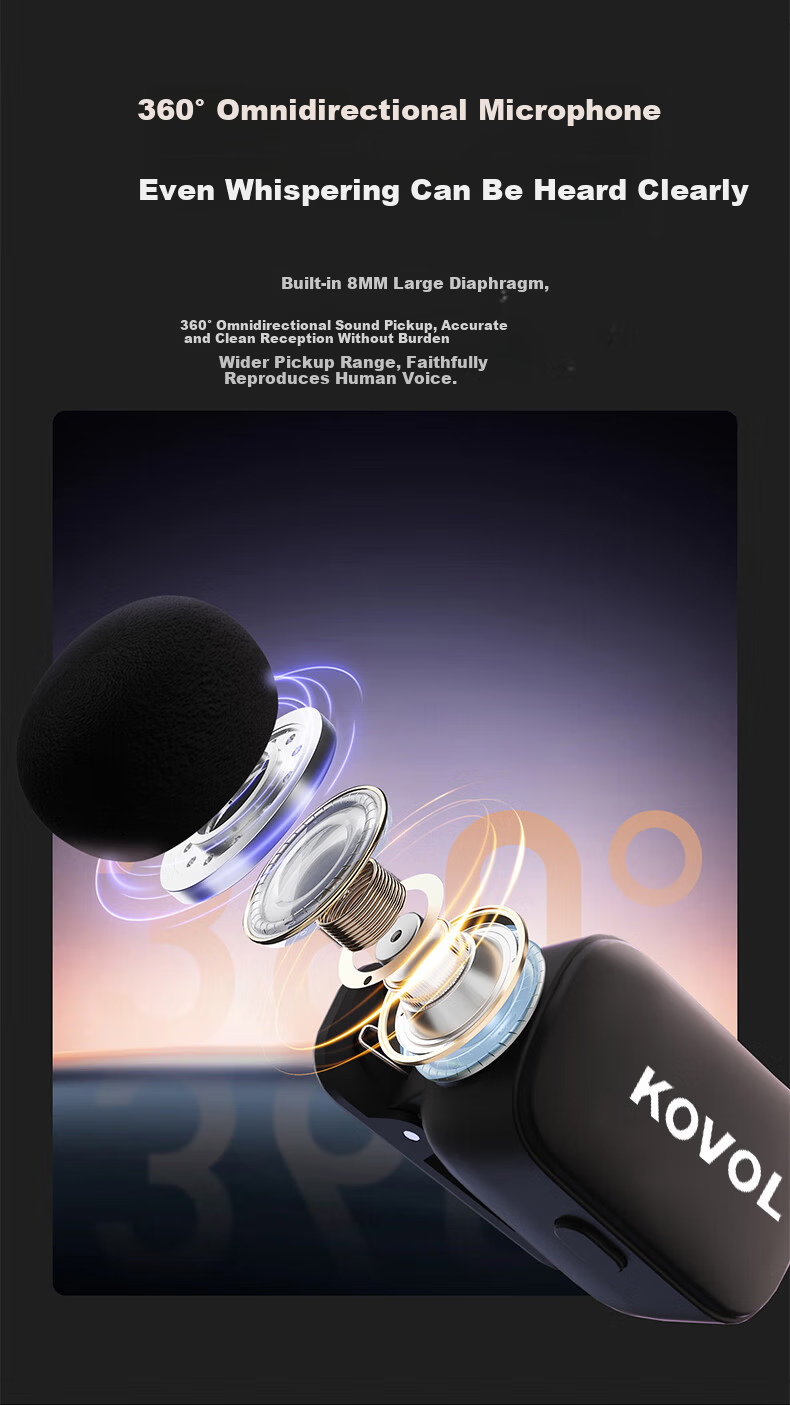 KOVOL Wireless Lavalier Microphone Mini Clip-on Mic for Live Streaming Outdoor Interview Short Video Conference Recording Professional Noise-Cancelling Recorder 9