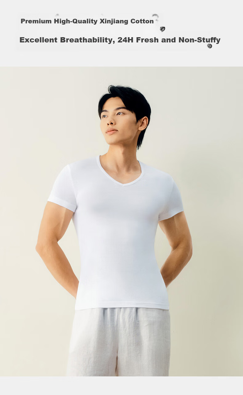 Threegun Men's V-Neck T-Shirt [7A Original Yarn Antibacterial] Pure Cotton Ribbed Stretch Basic Short Sleeve Undershirt (2-Pack) 9
