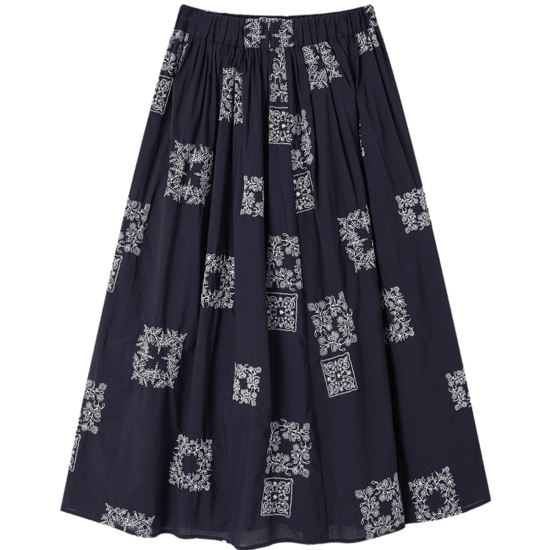 Demana Pure Cotton Poetry Summer Vintage Color-Block Embroidered Elastic Waist Slimming Mid-Length Skirt for Women