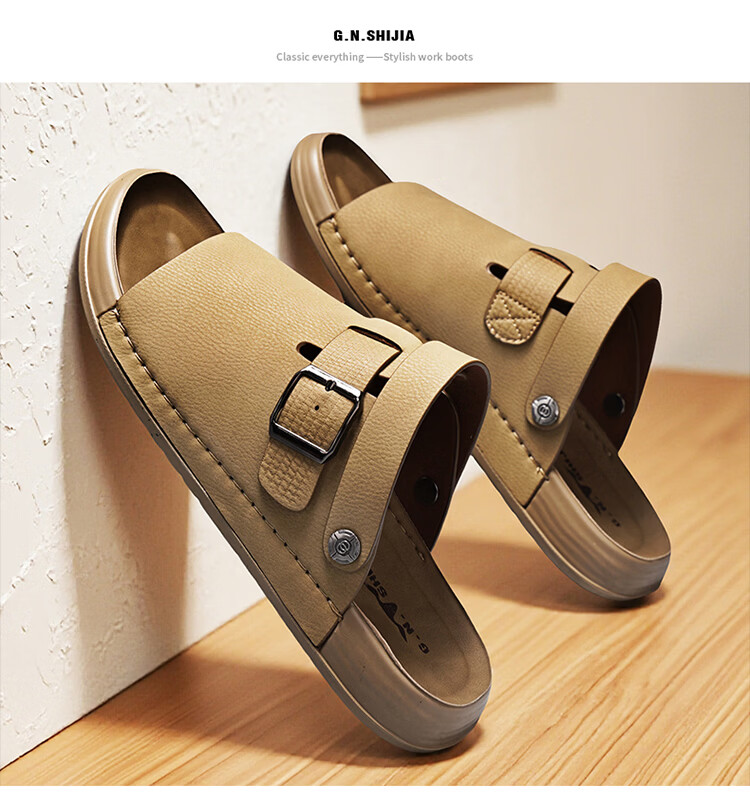 Bull Family Men's Summer New Leather Sandals Vintage Beach Shoes Outdoor Casual Soft Sole Dual-Purpose Trendy Slippers 21
