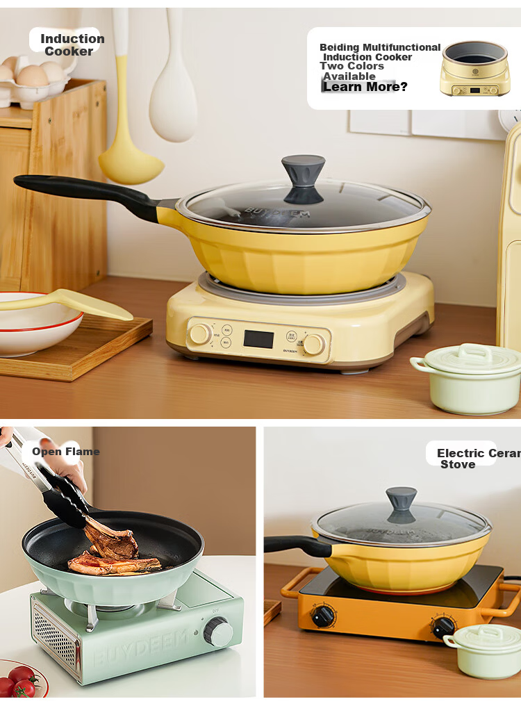 Buydeem 32cm Non-Stick Frying Pan Skillet Light Smoke Oil-Gathering Shallow Green Induction and Gas Stove Compatible 8