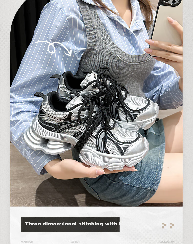 Warrior Women's Dad Sneakers 2026 Spring New Versatile Mesh Shoes Thick Sole Casual Sports Shoes Silver Black Size 35 3