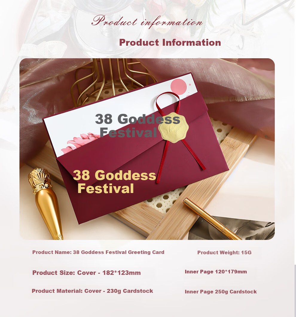 Longe Women's Day Greeting Cards DIY Handwritten Gold Foil Premium 38 Festival Envelope Set (2 Pieces) 11