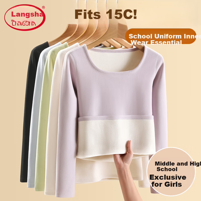 Langsha Youth Thermal Underwear Women Fleece Thickened Winter 10A Antibacterial Heating Lambswool Autumn Shirt and Pants Set