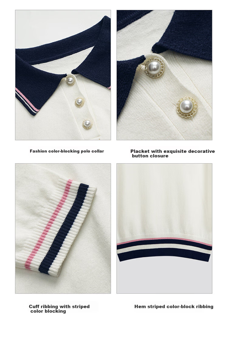 Olrain Eurielle French Style Polo Collar Short Sleeve Knit Top Summer Women's Loose Fit College Style Shirt Off-White L 9